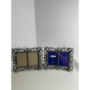 Double Pewter Picture Frame Scroll Hearts 5x6.5” For 2 - 2.5x3.5” Photos Silver